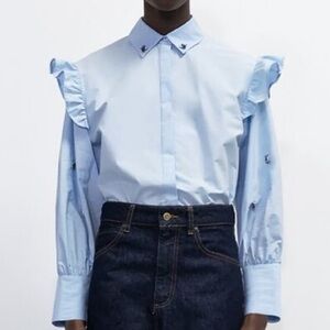 Ladies ZARA crystal detail blouse shirt. Blue. M